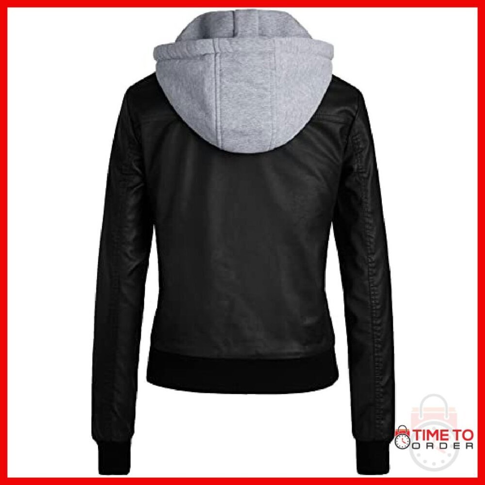 Lightweight PU Leather Motorcycle Jacket with Removable Hood & Pockets - Picture 3 of 8